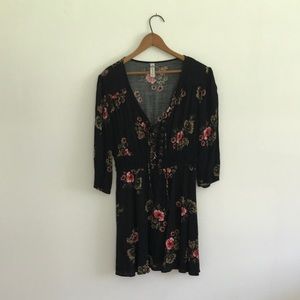 Black Pink Floral Flowy Mini Drawstring Front Sundress